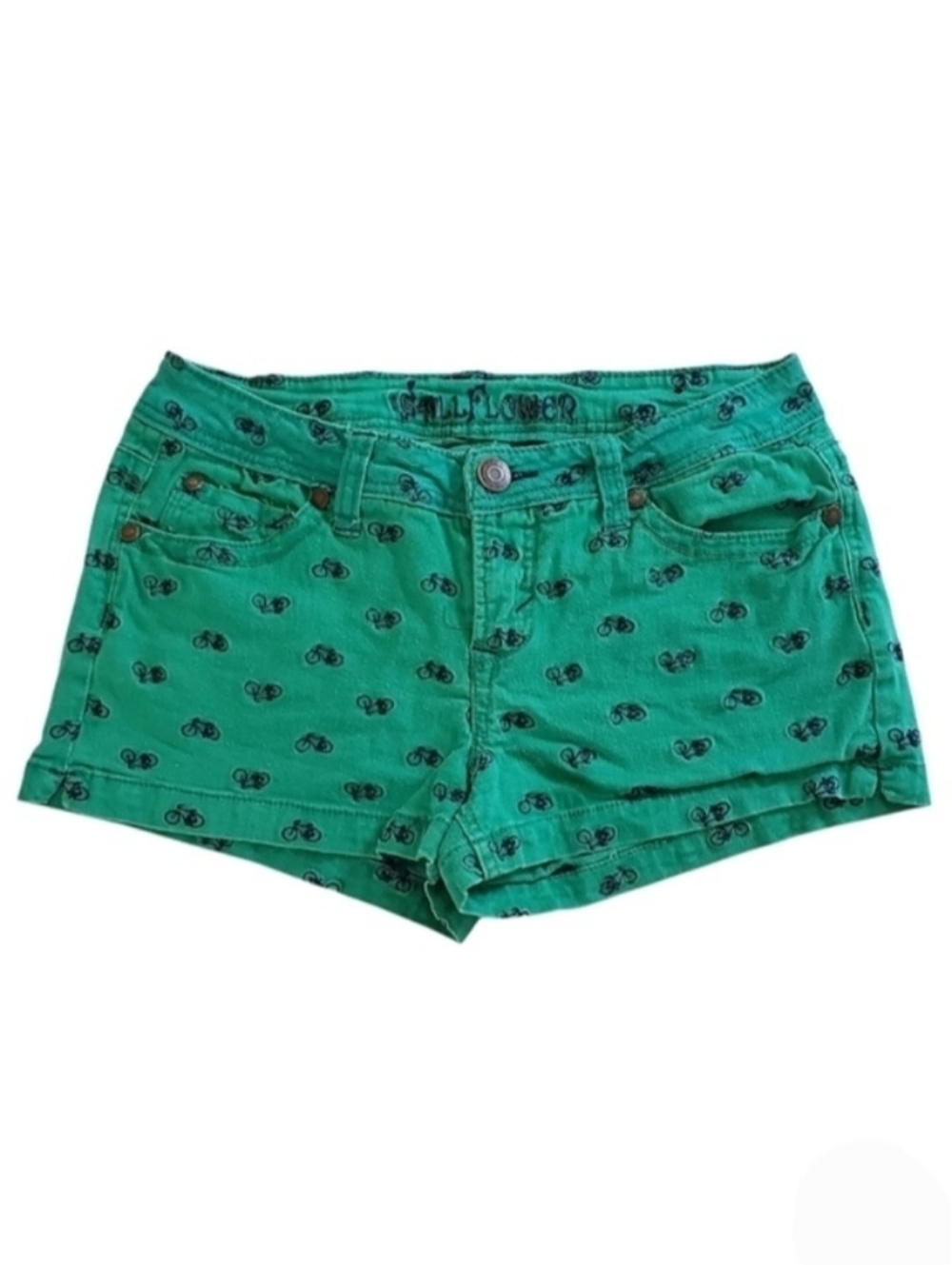 2332 * Wallflower Embroidered Bicycle Print Shorts Green Navy Blue Size 7